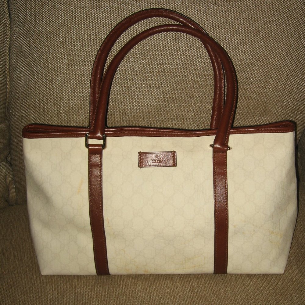❤️GUCCI WHITE GG LOGO SHOPPER BAG PURSE + Brown Leather